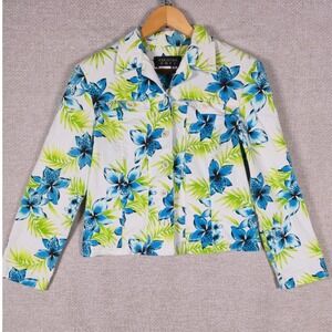 Christina Hope Womens Floral Denim Jacket Blue Green Tropical‎ Palm Print Size M
